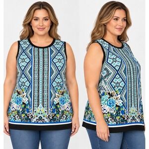 Alyx Woman Blue Floral Geometric Sleeveless Knit Top Size 2X NWT 3432L3C